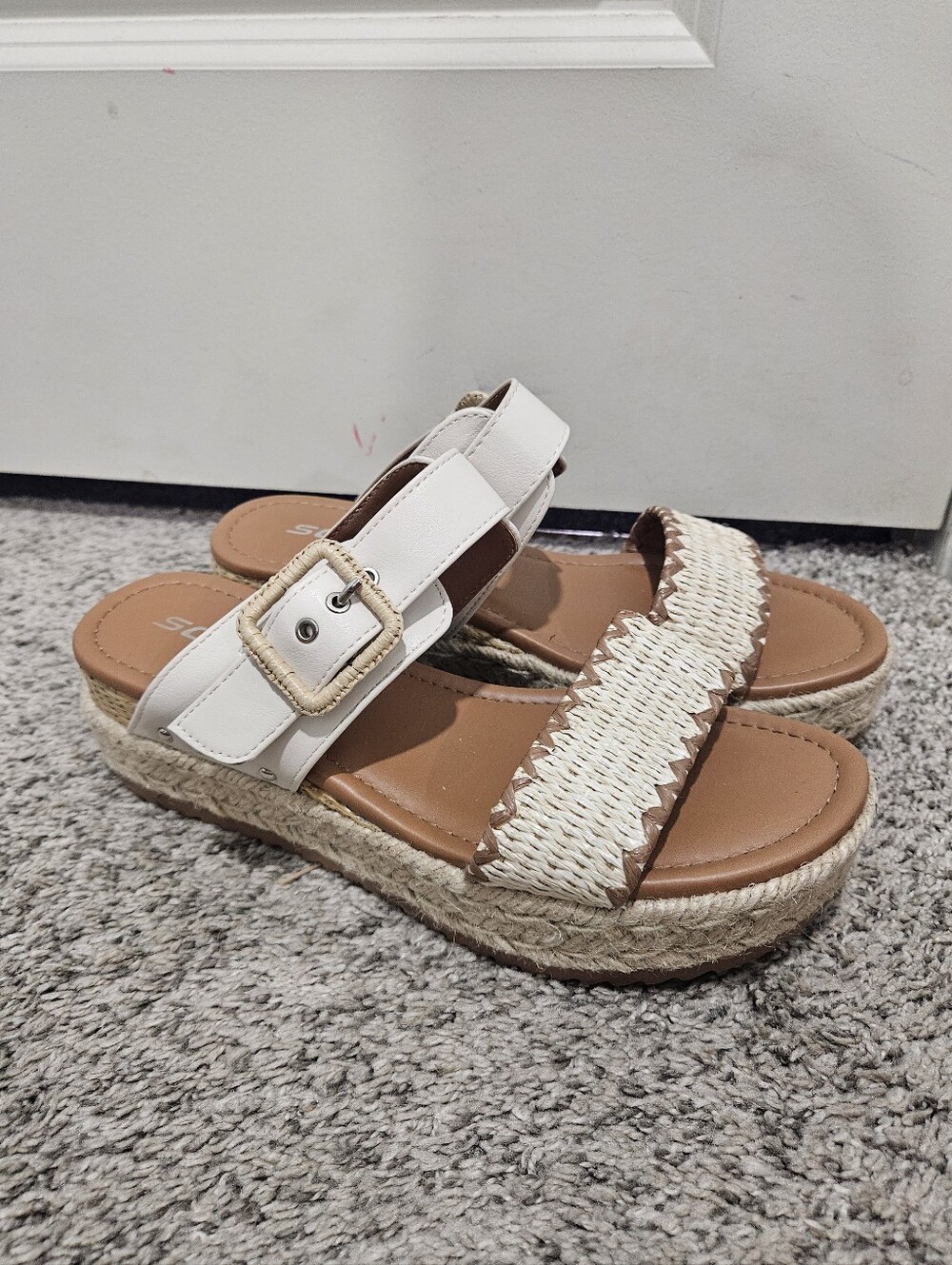 Soda White Woven Espadrille Slide Sandals with Tan Footbed